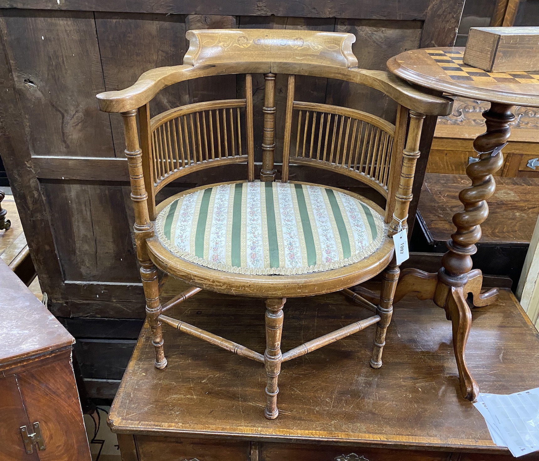 A late Victorian inlaid mahogany tub framed elbow chair, width 61cm, depth 45cm, height 70cm